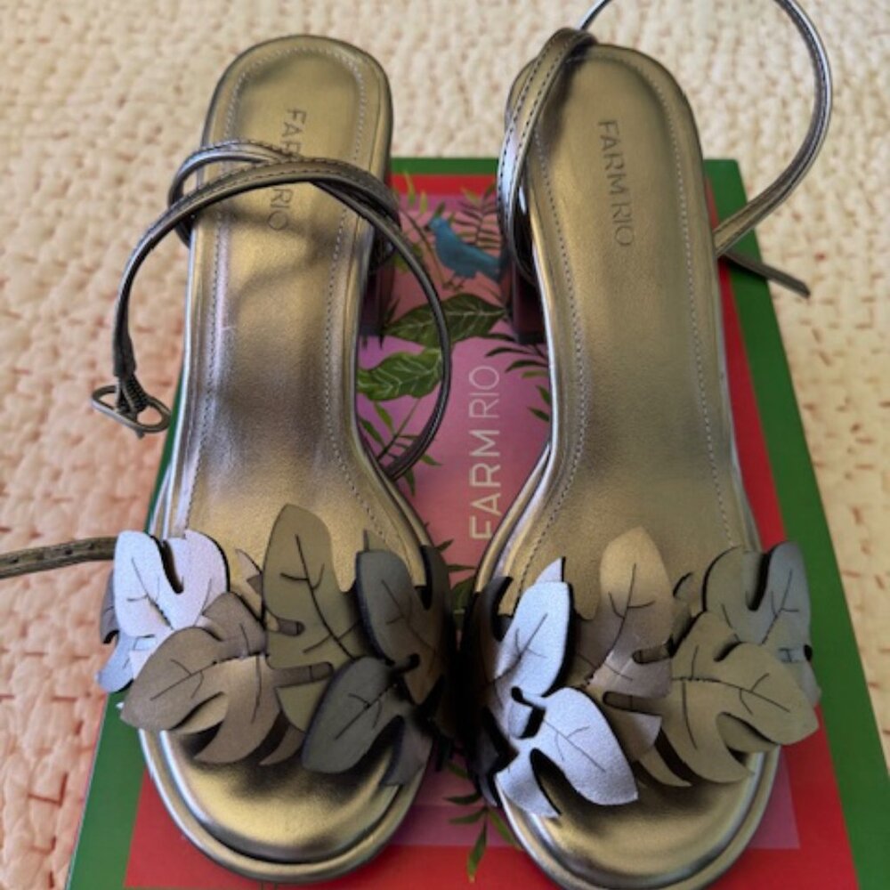 FARM Rio Monstera Metallic Strap Heel Sandal- NWT
